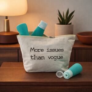 Funny Cosmetic Bag Set More Issues Than Vogue w Travel Bottles NEW